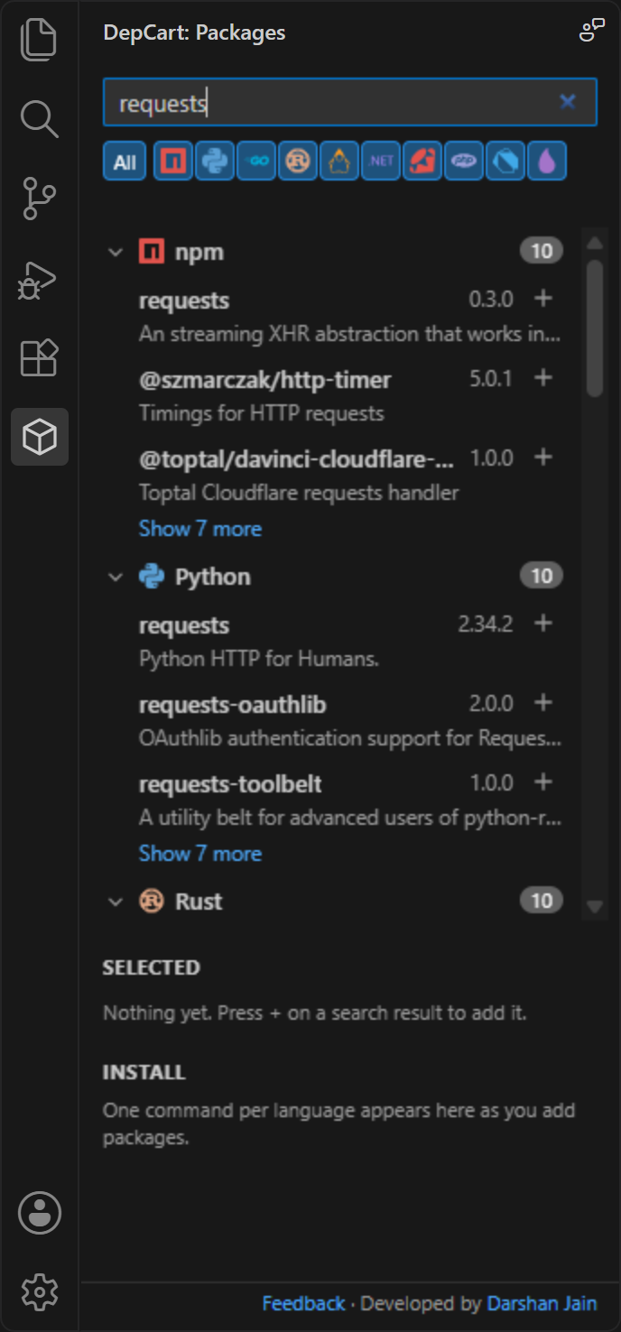 DepCart VS Code sidebar: searching all ten registries at once
