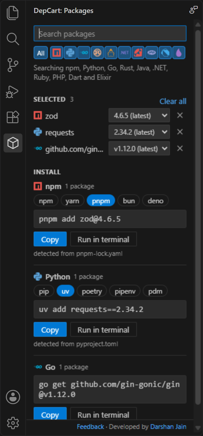 DepCart VS Code sidebar: one install command per language