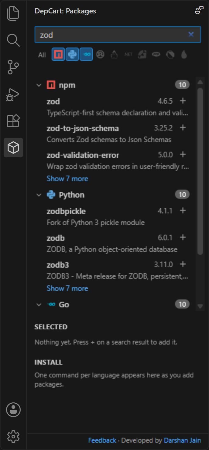 DepCart VS Code sidebar: search results grouped by language